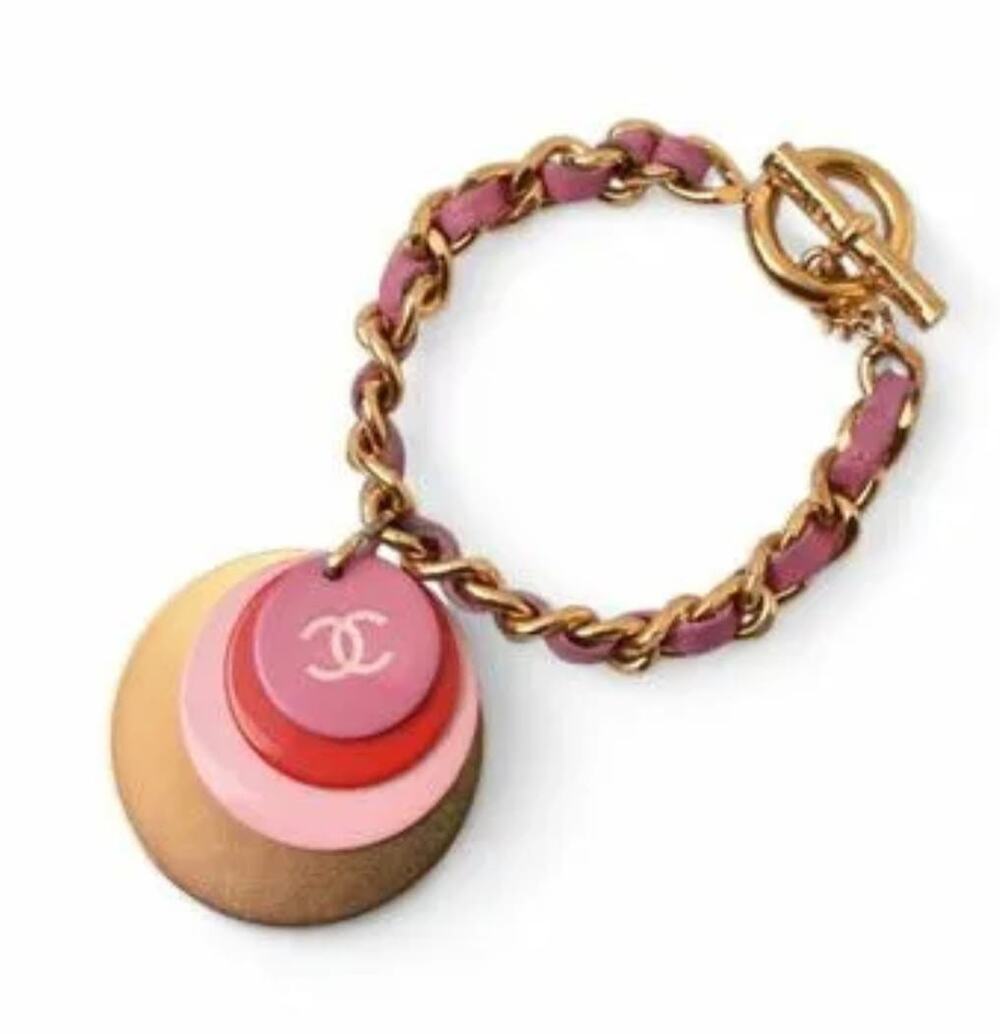 CHANEL Vintage Gold & Pink Leather Multi-Disc Charm Bracelet
